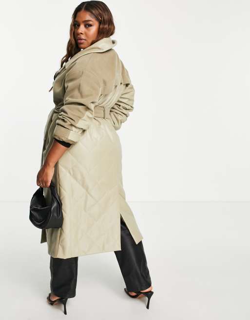 ASOS DESIGN Curve midi length belted trench coat with spliced pu detail in  sage green