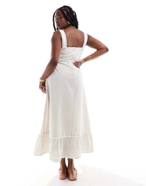 ASOS DESIGN Curve midi linen sundress with contrast rik rak trim in oatmeal, 2 of 4