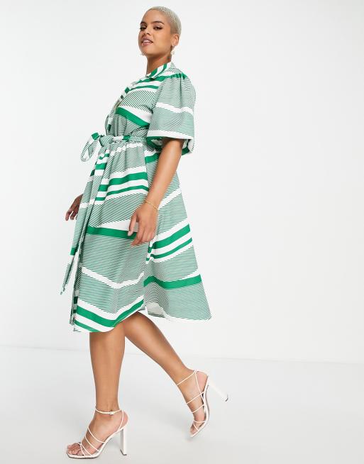 ASOS DESIGN Curve - Midi-overhemdjurk met ceintuur in groen gestreept, 4 van 4