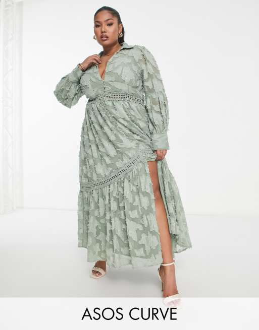 ASOS DESIGN Curve - Midi-overhemdjurk met knopen, kanten inzetstukken en burn-out in kaki 