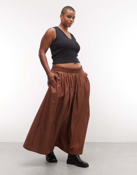 ASOS DESIGN Curve midi-rok met elastische taille in bruin - view 1