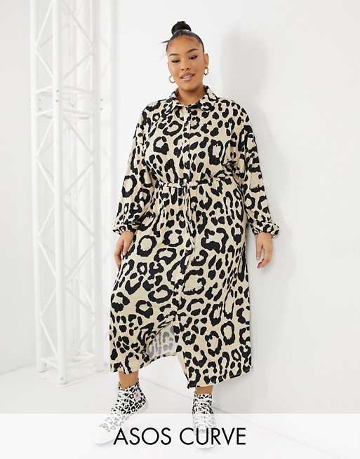 ASOS DESIGN Curve midi shirt dress in leopard print