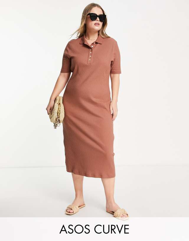 ASOS DESIGN Curve midi short sleeve ribbed polo dress in brown