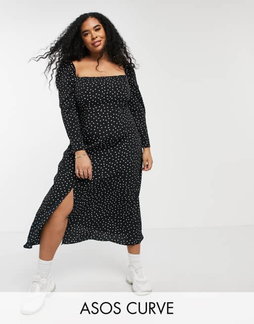 ASOS DESIGN - Curve - Midi-skaterjurk met vierkante hals in polkadot