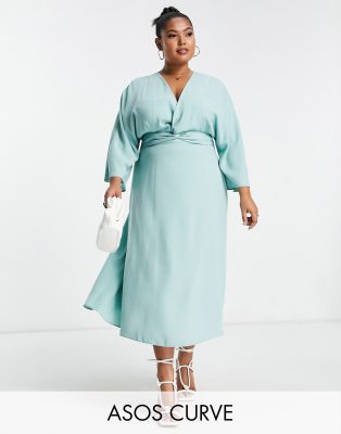 ASOS DESIGN Curve - Midi-Skaterkleid mit Fledermausärmeln und verdrehter Vorderseite in Enteneiblau