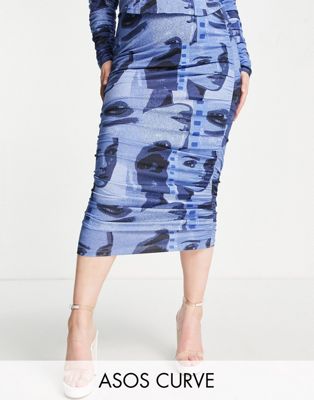 ASOS DESIGN Curve midi skirt with ruched side co-ord in graphic print
