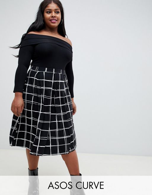ASOS DESIGN Curve midi skirt with box pleats in grid print | ASOS