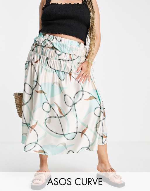 ASOS DESIGN Curve midi skirt with contrast trim in abstract print 