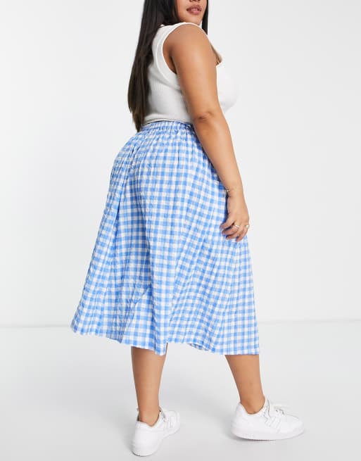 ASOS DESIGN Curve midi skirt with pocket detail in blue & white gingham print, 2 of 4