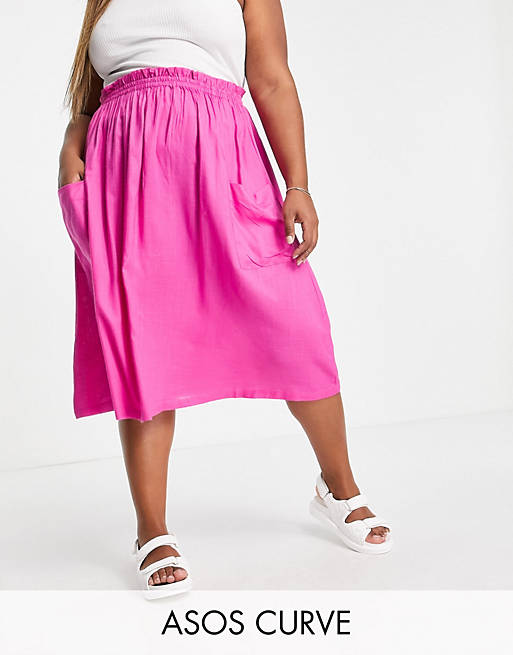 ASOS DESIGN Curve midi skirt with pocket detail in pink