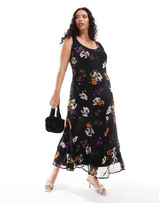 ASOS DESIGN Curve - Midi slipdress van chiffon met lage ronde hals en donkere bloemenprint