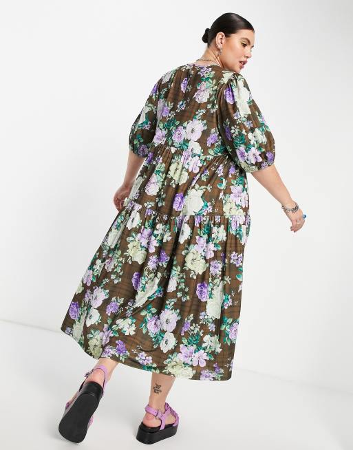 ASOS DESIGN Curve midi smock dress in grunge floral print, 2 of 4