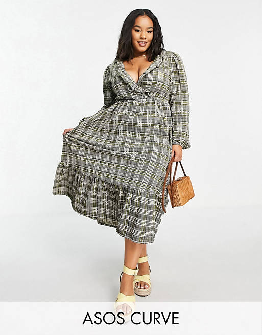 ASOS DESIGN Curve midi smock dress with frill neck and tiered hem in grey and green check print