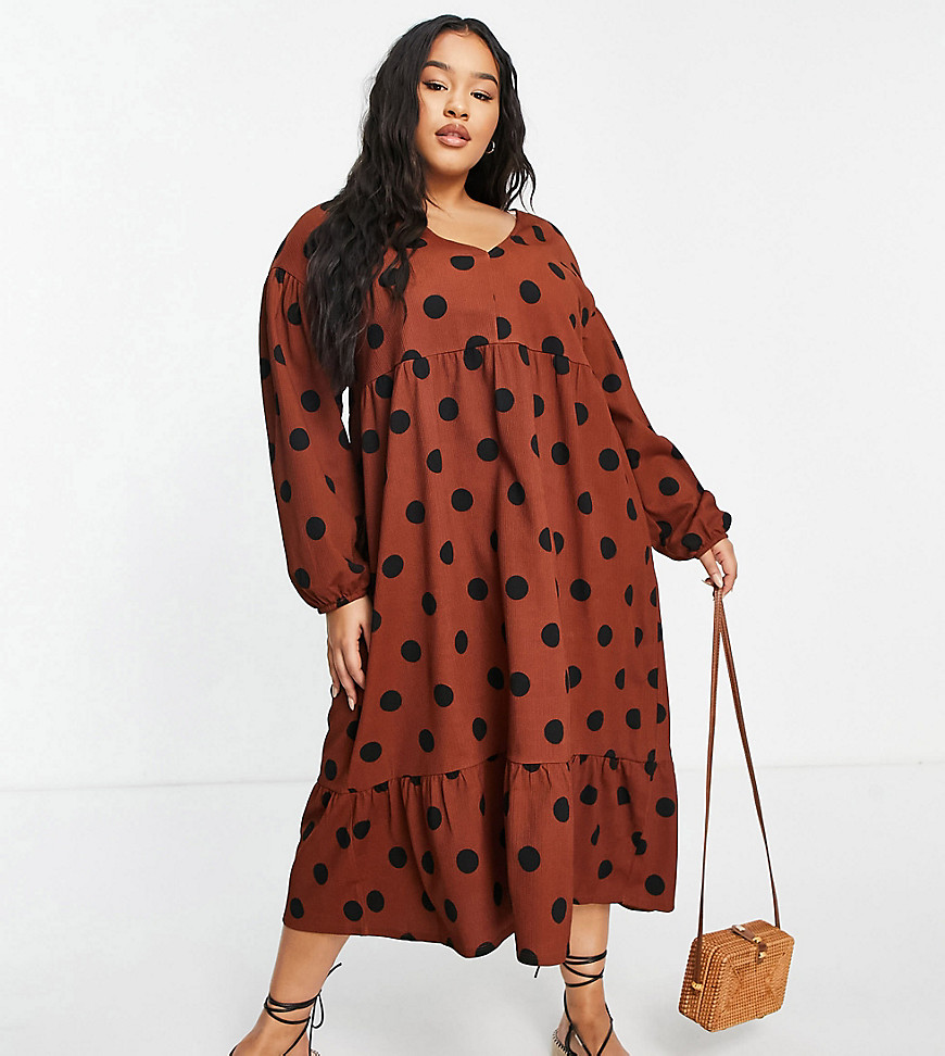 ASOS DESIGN Curve midi smock dress with long sleeves and tiered hem in brown and black spot