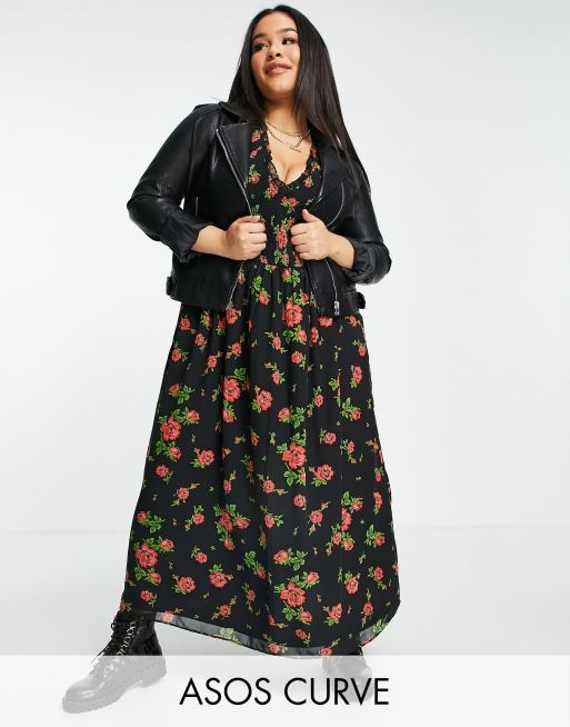 Asos Design Curve Midi Smock Dress With Shirred Cuffs In Black Base Floral Print Asos 