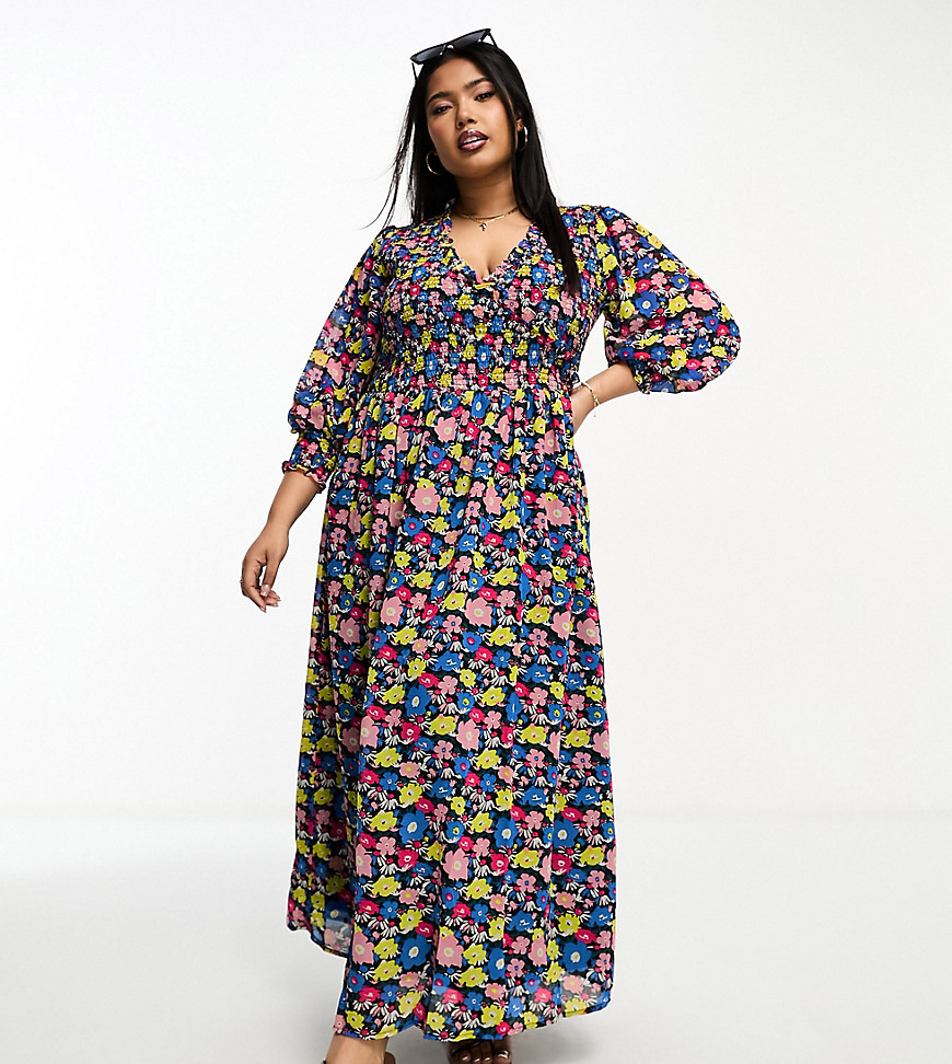 ASOS DESIGN Curve midi smock dress with shirred cuffs in black based multi floral print