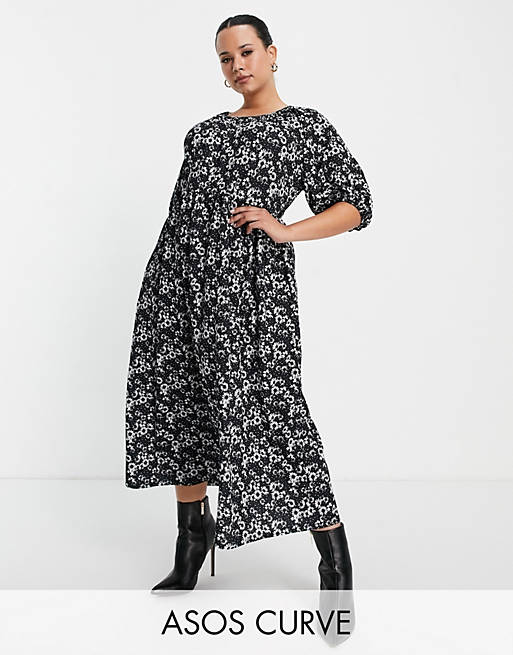 ASOS DESIGN Curve midi smock dress with short puff sleeves in black and white daisy print