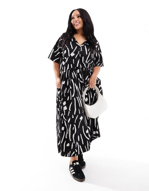 ASOS DESIGN Curve - Midi-smockjurk van keperstof met kraagje, knopen en wazige print in zwart-wit