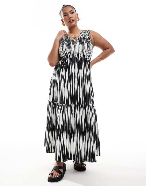 ASOS DESIGN Curve – Midi-Sommerkleid mit V-Ausschnitt, Knitterstruktur, gestuftem Rock und abstraktem Muster - view 1