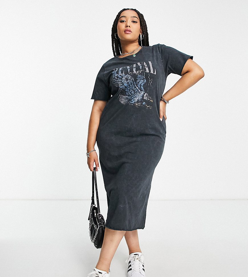 ASOS DESIGN Curve midi T-shirt dress with bird graphic in washed charcoal-Gray