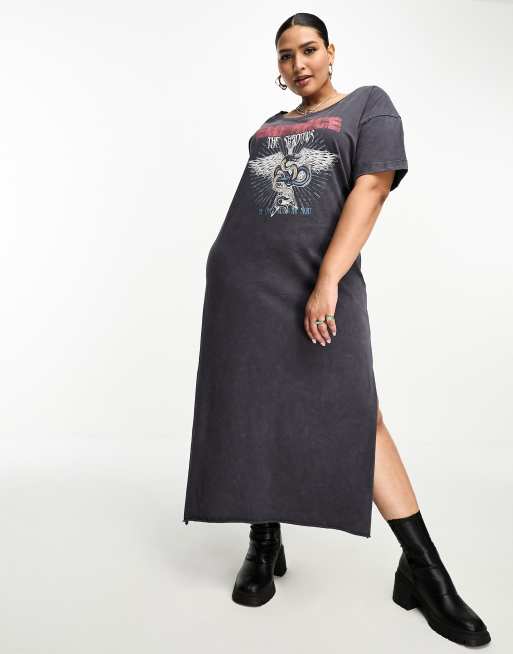 ASOS DESIGN Curve - Midi T-shirtjurk met split in de zoom en grafische print in grijs met wassing
