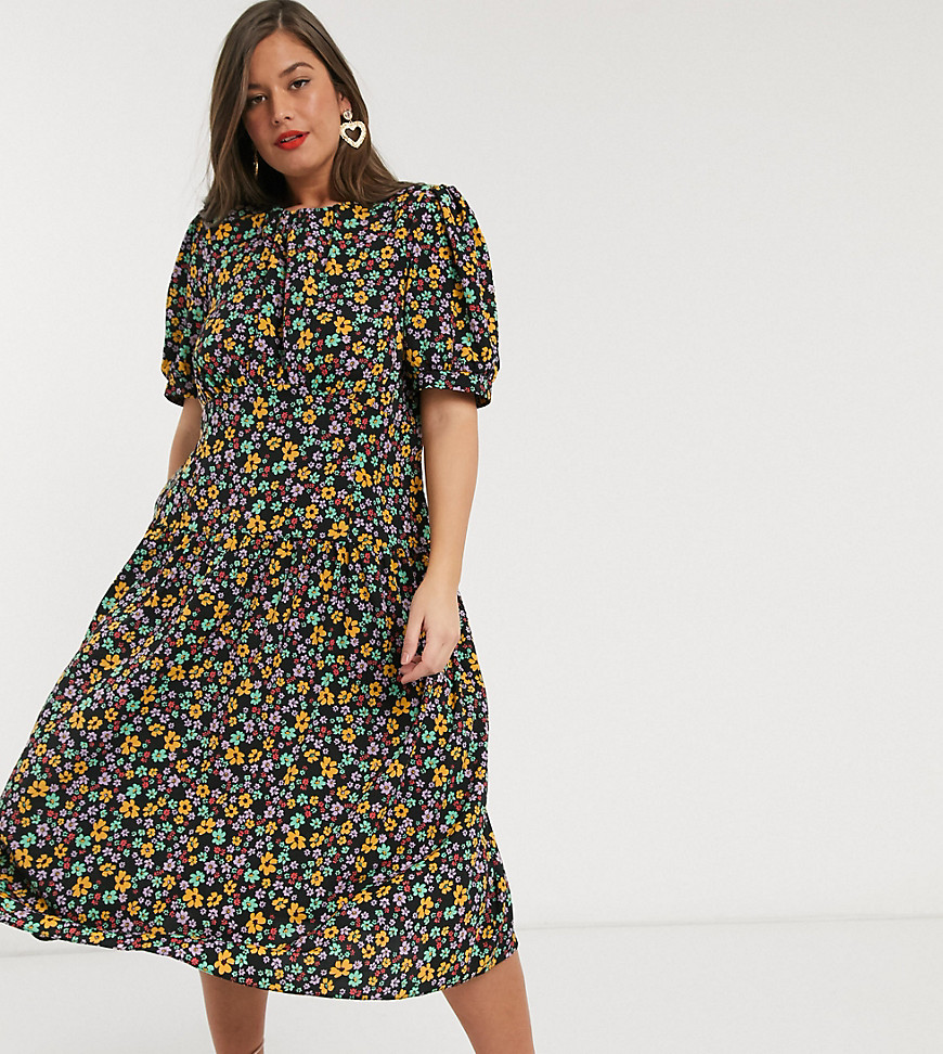 ASOS DESIGN Curve midi tea dress with dropped waist in floral print-Multi