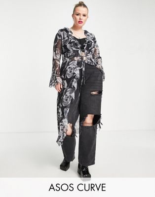 ASOS DESIGN Curve midi tie front cardigan co-ord in grunge floral print