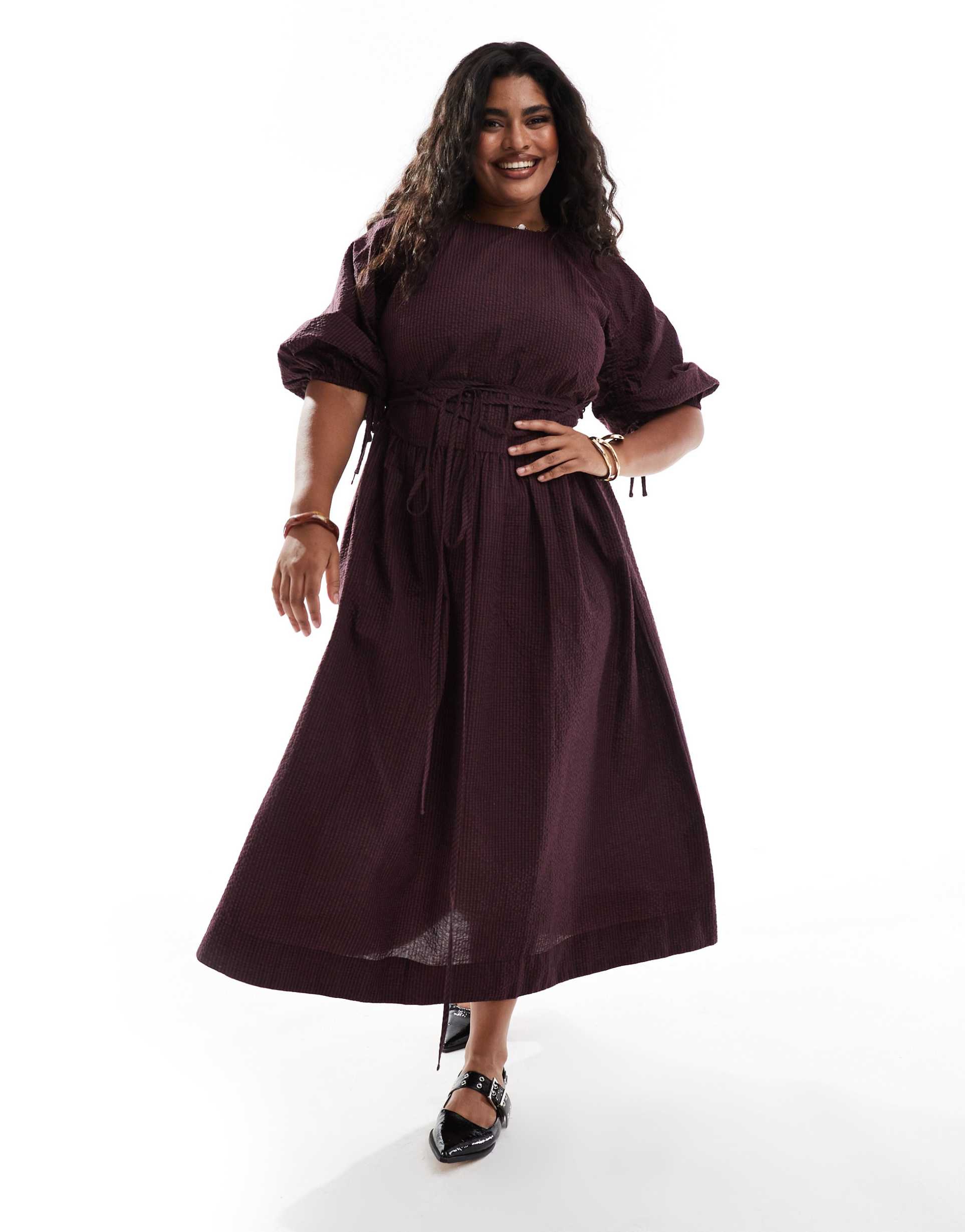 asos design curve midi tie waist dress in burgundy check print