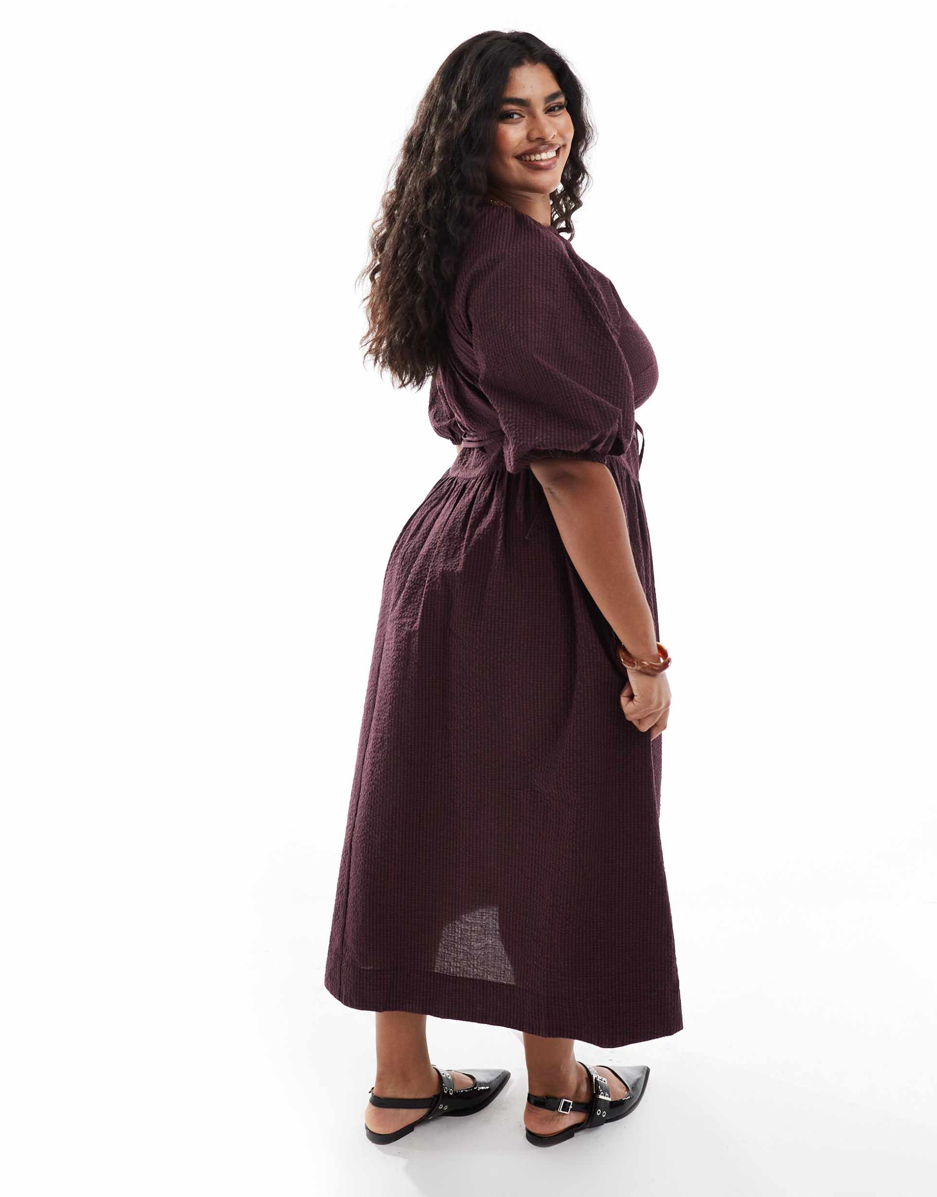asos design curve midi tie waist dress in burgundy check print