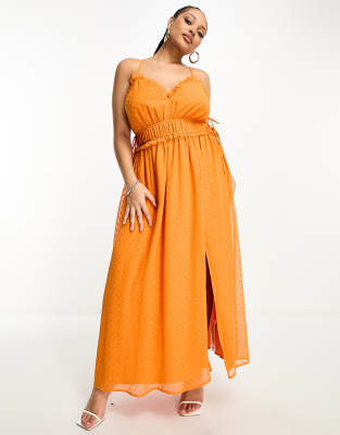 ASOS DESIGN Curve - Midi-Trägerkleid aus orangem Noppenstoff mit elastischer Rüschentaille