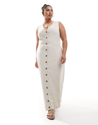 ASOS DESIGN Curve - Midi-Westenkleid aus hellbeigem Leinen mit durchgehender Knopfleiste-Neutral