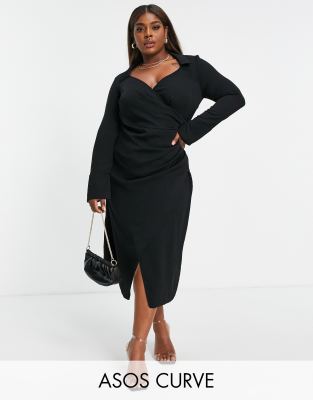 ASOS DESIGN Curve - Midi-Wickelkleid im Stil der 70er in Schwarz mit drapierter Vorderseite