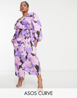 ASOS DESIGN Curve - Midi-Wickelkleid mit großem Blumenmuster-Bunt