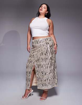 ASOS DESIGN Curve - Midi-Wickelrock in Champagner mit verschiedenen Pailletten-Goldfarben