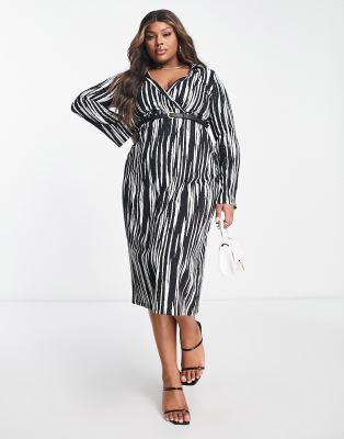 Asos Curve Asos Design Curve Midi Wrap Dress With Belt In Mono Abstract Print-multi