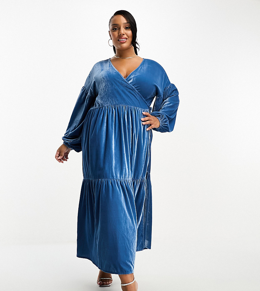 Asos Curve Asos Design Curve Midi Wrap Velvet Dress In Blue