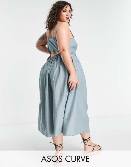 ASOS DESIGN Curve - Midi-zonnejurk met geschulpte rand en uitsnijding aan de achterkant in eendenei blauw 