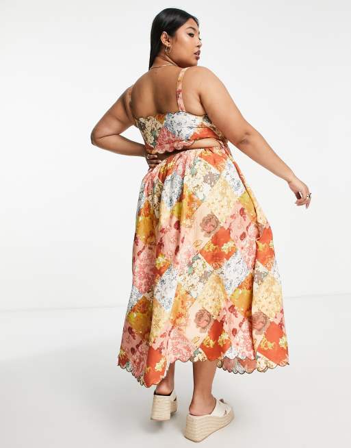 ASOS DESIGN Curve - Midi-zonnejurk met geschulpte rand, uitsnijding op de rug en bloemen-patchwork , 3 van 4