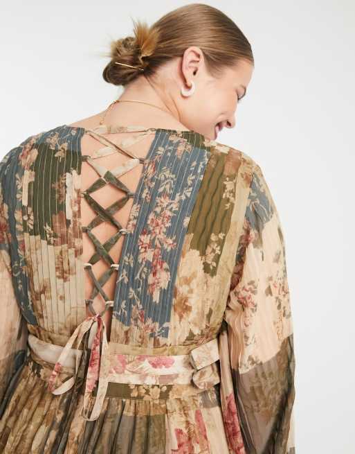 ASOS DESIGN Curve - Midikjole med plisseret detalje og dobbelt bæltedetalje i patchwork-print, 2 af 4