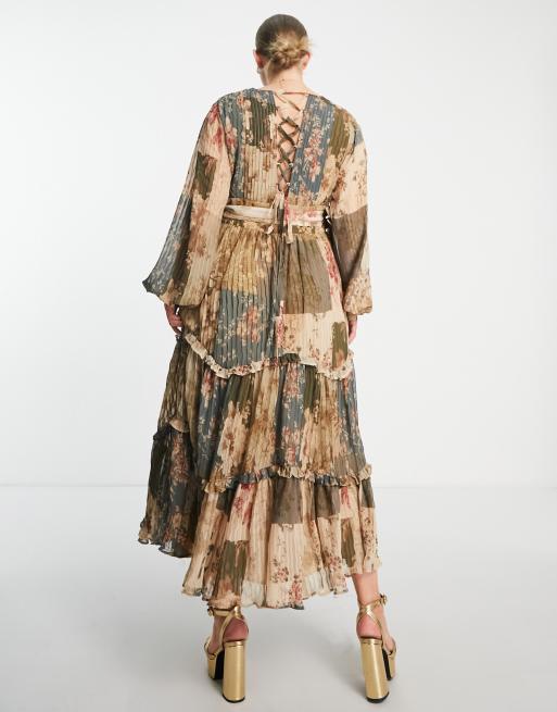 ASOS DESIGN Curve - Midikjole med plisseret detalje og dobbelt bæltedetalje i patchwork-print, 3 af 4
