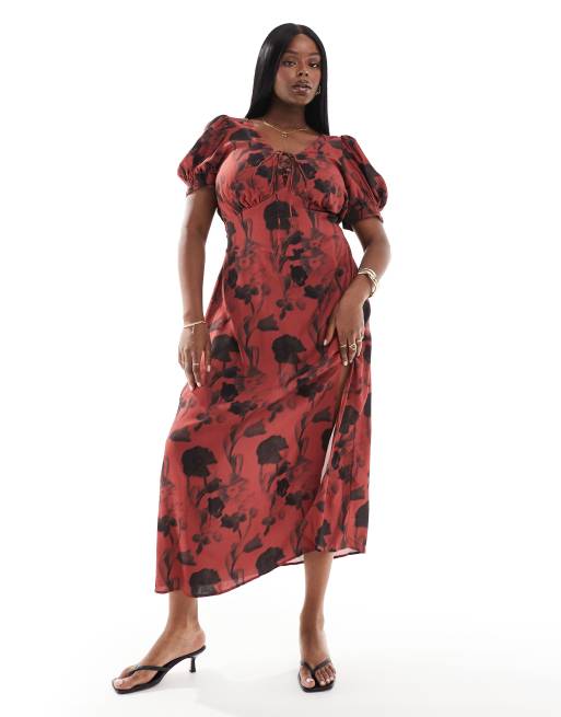 ASOS DESIGN Curve - Midikjole med pufærmer og snøredetalje i rustfarvet print, 2 af 4