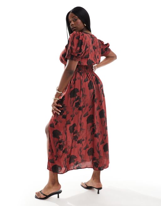 ASOS DESIGN Curve - Midikjole med pufærmer og snøredetalje i rustfarvet print, 4 af 4