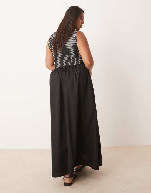 ASOS DESIGN Curve - Midikjole med racerhals, knapper, poplin-nederdel og overdel med sorte/hvide striber, 4 af 4