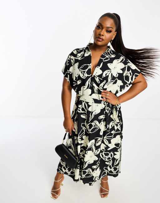 ASOS DESIGN Curve - Midikjole med V-hals, bælte og malet blomstermønster i monokrome farver, 3 af 4