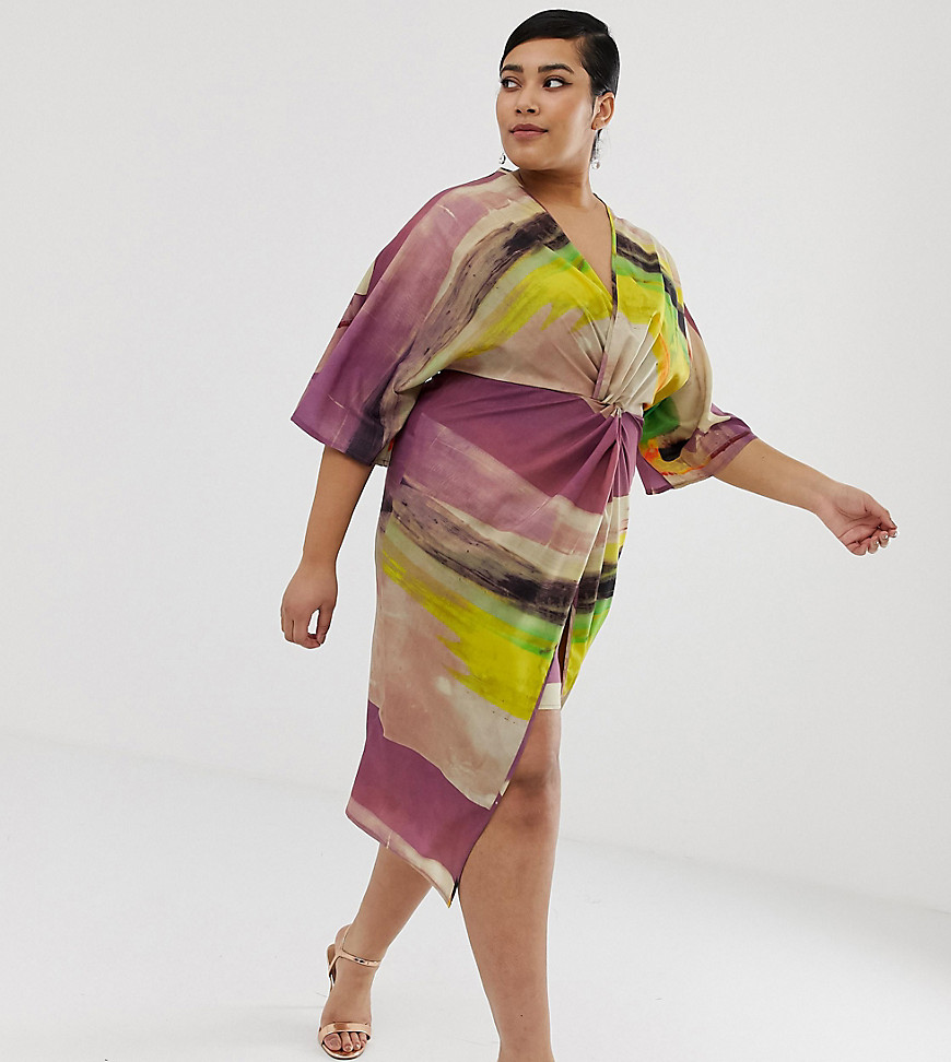 ASOS DESIGN Curve – Midiklänning i kimonomodell med knut fram och abstrakt mönster-Flerfärgad