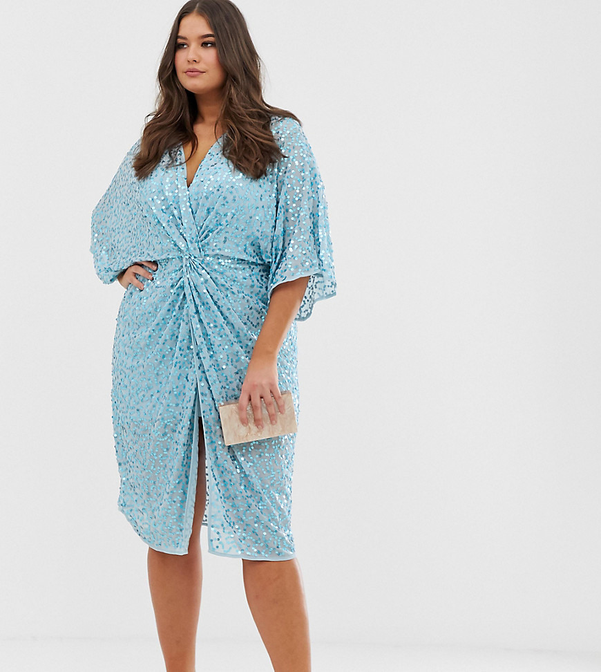 ASOS DESIGN – Curve – Midiklänning i kimonostil med paljetter och knytning fram-Blå