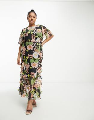 ASOS Design Curve - Midikleid aus Chiffon mit Rüschensaum in Schwarz mit Blumenmuster-Bunt