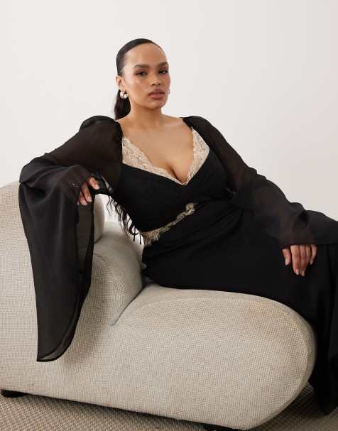 ASOS DESIGN Curve – Midikleid aus Chiffon-Mix in Schwarz-Weiß mit Spitzenapplikation und drapierten Ärmeln - view 1