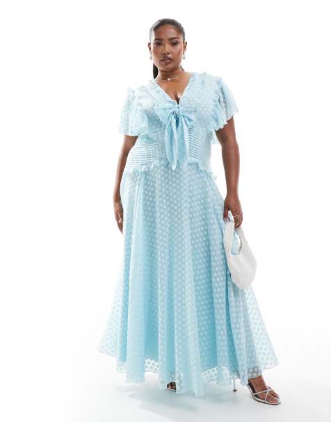 ASOS DESIGN Curve – Midikleid aus Jacquard in Eisblau mit Ausbrennerpunktemuster, Flatterärmeln und Bindeband vorne - view 1