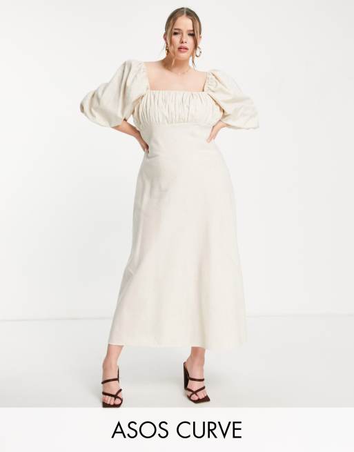 ASOS DESIGN Curve – Midikleid aus Leinen in Beige mit elastischem Detail und quadratischem Ausschnitt